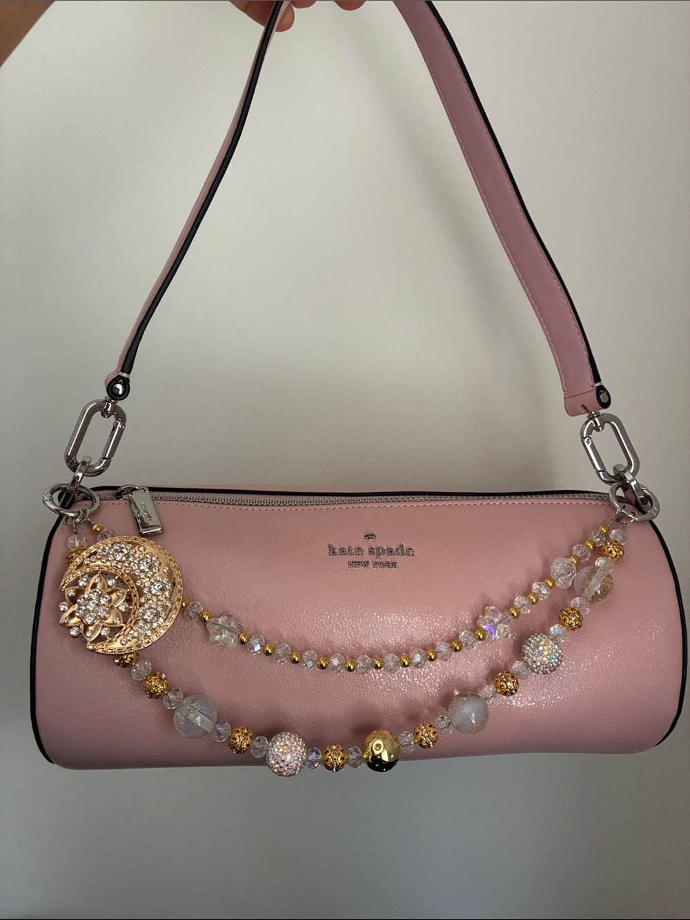 Golden Crystal Moon Beaded Double Strap Chain Keychain